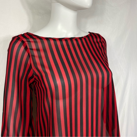 Live 4 Truth Red & Black Striped Sheer Bow Back Blouse - Picture 3 of 8